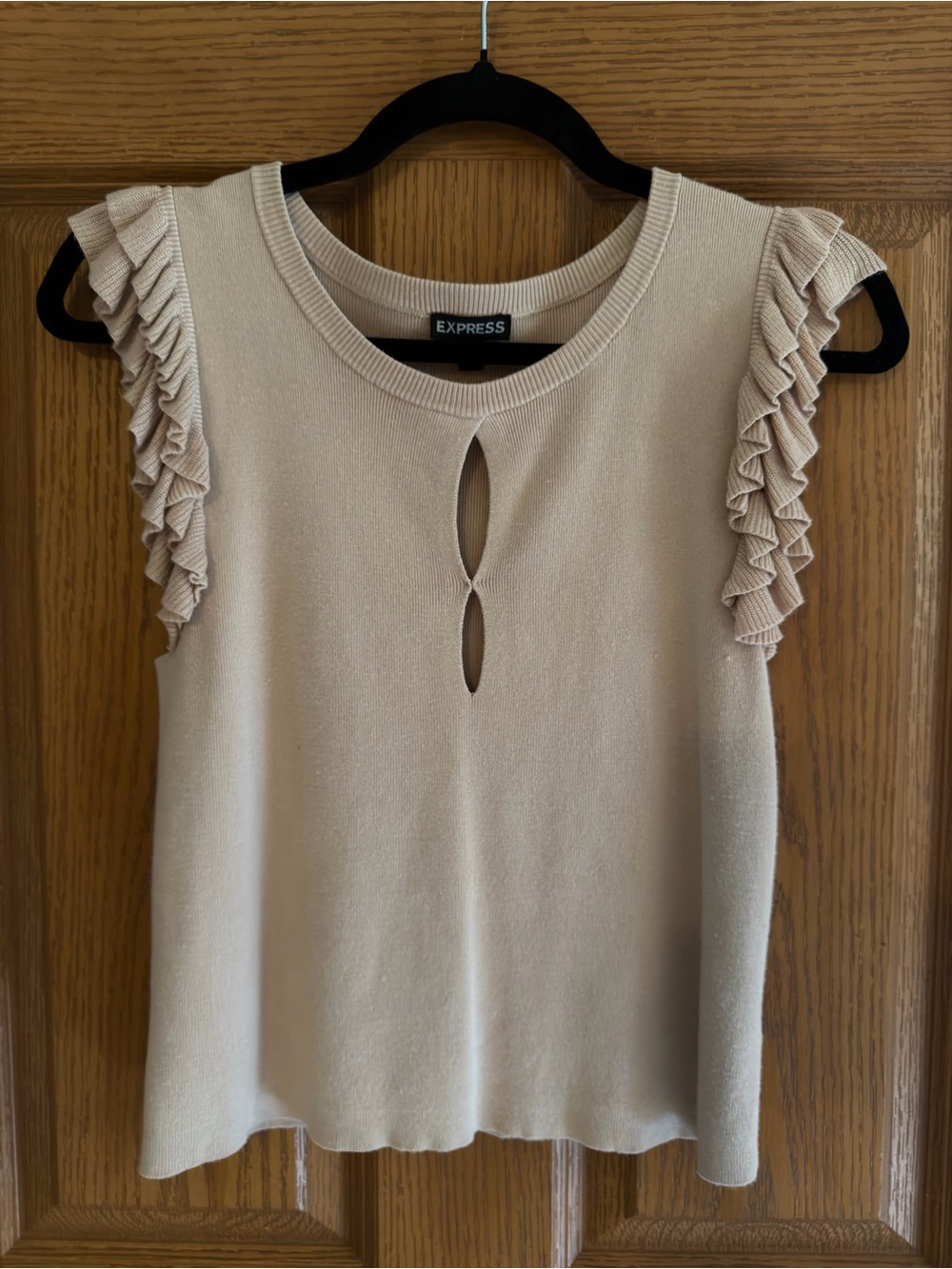 Express Cream Ruffle Sleeve Double Keyhole Tank